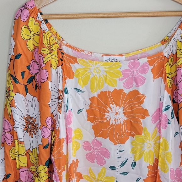 NWT Emily Wonder | Orange Yellow Pink Floral Wide Neck Blouse Size 1X - Picture 3 of 7